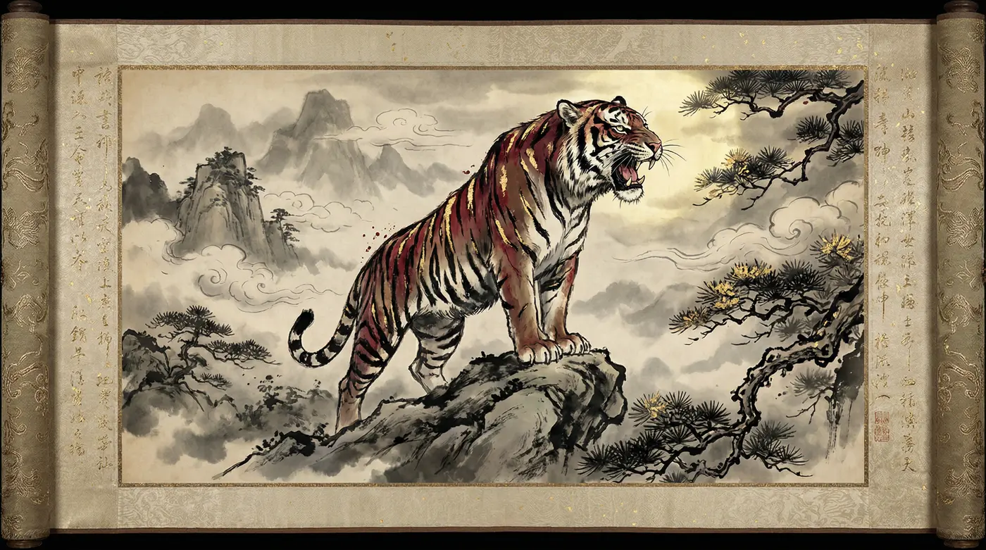 水墨虎画卷轴 - 四虎传媒 | 虎文化收藏精品